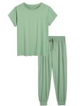 Joyaria Womens Short Sleeve Pajama Sets Autumn Comfy Jogger Pants Set Full Length Bottom with Side Pockets(Sage Green, Small)