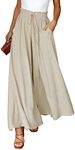 Dokotoo Palazzo Pants for Women Dressy Summer Flowy High Waist Drawstring Wide Leg Long Pants Casual Loose Breathable Lounge Yoga Trousers Ladies Beach Culottes Pants with Pockets Beige M