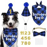 JOTFA Dog Birthday Party Supplies, Plaid Dog Birthday Boy Bandanas with Dog Birthday Party Hat Bow Tie Birthday Number for Small Medium Large Dogs Pets (Blue, Bandana & Hat & Bow Tie & Number)