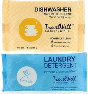 Travel Well Individually Wrapped Travel Size Powder Laundry Detergent & Dish Detergent 50 of Each Type 1.5 Ounce per Bag Disposable Stain Remover Soap Dishwasher Rinse Aid Hotel Toiletries Amenities