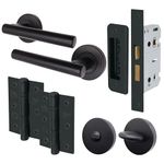 EAI Black Bathroom Door Handle Set | Round T-Bar Internal Door Handles, Thumb Turn & Release Set, Lock & Hinges (76mm) | Matt Black Oliena Range