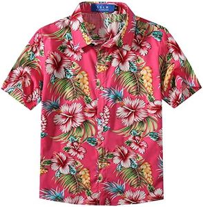 Big Boys Hawaiian Shirt, Kids Hawaiian Shirt, Boys Cotton Beach Shirt Tropical Short Sleeve Button Up Shirts (Small, Pink Green)
