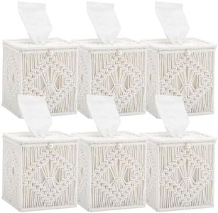Macrame Tissue Box Cover, 6 Pack Square Boho Decor Tissue Holder, Handmade Woven Cotton Rope Organizer with Open Bottom for Bedroom, Bathroom, Living Room, Office - Ivory