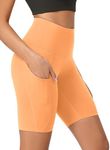 ODODOS 8" Tummy Control Yoga Shorts for Women with Pockets High Waist Running Workout Athletic Biker Shorts, Neon Orange, Large