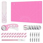 Rotary Cutter Set Pink- Quilting Kit incl. 45mm Fabric Cutter, 5 Replacement Blades, A2 Cutting Mat, Acrylic Quilting Ruler and Sewing Clips, Craft Knife Set, Ideal for Crafting, Sewing, Patchworking