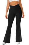 Navneet Women Flared Leggings Flare Trousers High Waisted Yoga Pants with Pockets Crossover Leggings Workout Going Out Black M