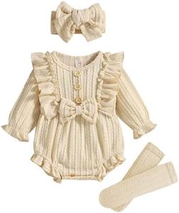 GRNSHTS Newborn Baby Girl Clothes Ruffle Solid Sweater Romper Long Sleeve Button Bodysuit+Hairband+Socks 3Pcs Fall Winter Outfits(Apricot,3-6 Months)