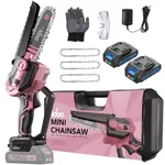 iDOO, Pink Mini Chainsaw 6inch, Cordless Battery Chain Saw Portable Camping Gear for Wood Cutting Tree Trimming, Gardening Tools Gifts for Women Men (2Batteries & 3Chains)
