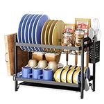 2 Tier Dish Drainer, Kitchen Rustproof Dish Drainer Rack with Drip Tray and Utensils Holder, Stainless Steel Dish Drying Rack Sink Draining Board for Kitchen Countertop Space-Saving Dish Rack