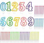 BLUE PANDA - 154-Piece Candles Number 0-9 Rainbow Stripes Birthday Cake Numeral Topper Decorations with Holders for Party Decor