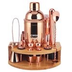 12-Piece Bartending Kit, Bar Bartender Tools with Stylish Bamboo Stand, for Home and Pub Martini Cocktail DIY Drink Shaker Bartender Kit Stainless Steel (25Oz) -Rose Gold