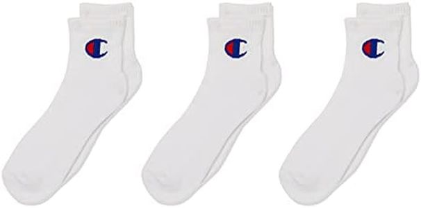 Champion Kids C Logo Quarter Crew Socks (3 Pack), White, Large