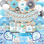 697 Pcs Premium Elephant Baby Shower Decorations for Boy Set It's A BOY Banner, Napkins, Straws, Paper Decorations, Cake Toppers, Sash, Balloons, Favor Stickers, Guest Book, Confetti, Games