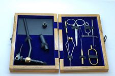 Olax Fly Tying Kit with Vise, Whip Finisher, Bodkin, Hackle Plier, Bobbin Threader, Scissors in a Wooden Box