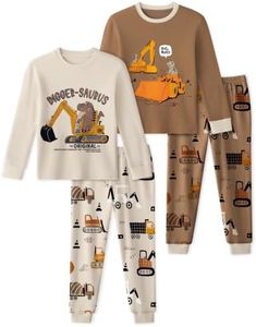 Yoofoss Toddler Pajamas 100% Organic Cotton 4 Piece Long Sleeve Fall Pajama Set Kids Pajamas for Boys Girls Snug Fit Pjs Set, Brown Excavator, 4T