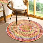 VANU Jute Round Rug - Braided Reversible Rug for Living Room Bedroom Jute Cotton Braided Reversible Rug (A7, 4x4 feet Carpet/Rug)