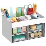 Marbrasse Desk Organiser with Drawers, Multifunctional Pen Holder Desk with 4 Compartments and 4 Drawers, Office Organiser Desk and Accessories (White)