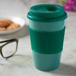 Clay Craft Fine Ceramic Travel Coffee Mug with Silicone Lid and Silicone Non Slip Sleeve - Reusable for Hot Cold Coffee, Water and Tea - 440 ml (Green, Set of 2)