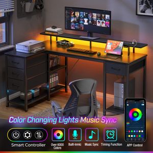 Seventable 140cm L-Shaped Gaming Desk – LED Lights, USB, Storage, Black