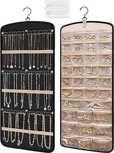 Lifenova Hanging Jewelry Organizer, Necklace Holder Anti-tangle Earrings Rings Hanger with 20 Jewelry Bags Travel Storage Roll with Pockets Hang on Closet, Wall, Door,1 Piece, Large, Black