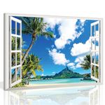 KAIRNE 3D Window Canvas Wall Art Tropical Plant Ocean Beach Wall Decor39x59cm Nature Living Room Decoraion Palm coastal Landscape Wall Poster Tree Seaside Scenery Art Prints For Bedroom Office Decor