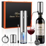 Electric Wine Openers Gift Set with Wooden Case,One-Click Automatic Electric Wine Bottle Opener Wine Aerator&Pourer,Staniless Steel Rechargeable Corkscrew Wine Openers Set (Stainless Steel- Silver)