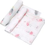 LYMYBETY 2 Packs Baby Muslin Swaddle Blankets, 47 x 47 Inch Bamboo Cotton Large Soft Baby Receiving Blankets, Newborn Swaddle Wrap (Flamingo & Feather Print)