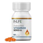 INLIFE Vitamin D3 5000 IU Cholecalciferol with Coconut Oil Supplement for Better Absorption, For Men & Women, Immunity, Bone Health, Muscles - 60 Softgels