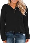 VISLILY Plus-Size Tops for Women Long Sleeve Button Up Henley Shirts, 06_black, 16 Plus