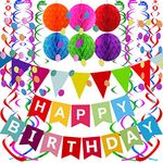 Fecedy Happy Birthday Banner With Colorful Paper Flag Bunting Paper Circle Confetti Garland Swirl Streamers Honeycomb ball for Birthday Party Decorations