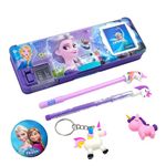 TISHNA Plastic Frozen Princess Pencil Box Integrated Sharpener & Calculator,Magnetic Lock,Dual Compartments,Cartoon Stationery Case School Kit For Girls,Kids,Students Set Of 6 In1-Multicolor