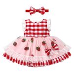 IDOPIP Baby Girl Gingham Tutu Dress Sequin Strawberry Princess Birthday Party Dresses with Headband 2PCS Toddler Girl First Communion Pageant Bowknot Sundress Outfit Red Plaid Strawberry 12-18 Months