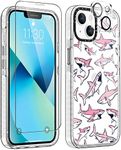 GULTMEE [3 in 1 for iPhone 13 Case 6.1 inch with Tempered Glass Screen Protector,Cute Pink Sharks Print Slim Design with Shockproof PC Bumper Protective Cover Clear Case for Women Girls