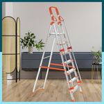 Houza 7 Step Foldable Aluminium Ladder with Railing for Home | Ladder with Anti-Slip Shoes | Slip Prevention Steps | Durable, Heavy Duty, Safe, and Stylish | Made in India (Orange)