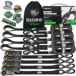 Rhino USA Ratchet Tie Down Straps (4PK) - 1,823lb lab Inspected Max Break Strength, Includes (4) Premium 1" x 15' Rachet Tie Downs with Padded Handles. Best for Moving, Securing Cargo (Black 4-Pack)