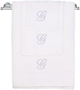 Monogrammed Towel Set, Personalized Gift, Set of 3- Silver Script Letter Embroidered Towel - Extra Absorbent 100% Turkish Cotton - Soft Terry Finish - Initial G White