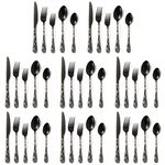 Crafelle 40-Piece Stainless Steel Cutlery Set with Floral Engraved Handle | Elegant Forks, Knives, Spoons & Teaspoons | Premium Charcoal Black Flatware for 8 | Rust-Resistant & Dishwasher Safe