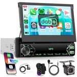 DAB+/DAB Single Din Car Stereo with Wireless CarPlay Android Auto, Rimoody 7'' Electric Flip Out Touch Screen Car Radio 1 Din with Bluetooth FM Radio Rear View Camera