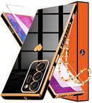 Shorogyt(3in1) Heart Case for Samsung Galaxy Note 20 Ultra 5G/4G (6.9") with Women Girls Teens Cute Love Pattern, Black Gold, Screen Protector & Chain for Galaxy Note 20