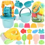 GOLDGE Sand Toy Set, 29 Pieces Colourful Beach Toy Sand Toy Set with Car Bucket Lock Shapes Mesh Bag Water Toy for Boys Girls