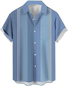CURBODO Bowling Shirts for Men Retro Short Sleeve Button Down Shirt Hawaiian Casual Printed Beach Shirt, Bowling-striped Babyblue, XX-Large