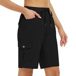 MoFiz Womens Shorts Summer Casual Drawstring Shorts Quick Dry Athletic Running Long Shorts Golf Outdoor Hiking Shorts Cargo Pockets Black Size US L