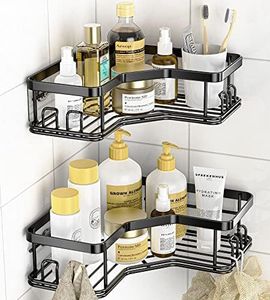 Corner Shower Caddy, Shower Organizer Corner Shower Shelf with 8 hooks,2-Pack Adhesive Stainless Steel MAXIFFE Shower Shelves for Bathroom Storage (Matte Black)