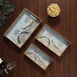 HomeShastra Wooden Serving Tray with Gold Engraving | Set of 3 | Size : 16 x 10 inch, 14 x 8 inch & 12 x 6 inch | Enamel Coated Waterproof | Rectangular | Decorative Trays | Royal Blue Peacock Set
