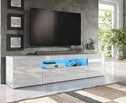 Furneo 200cm Long TV Stand Unit Cabinet Matt & High Gloss White Clifton08 Blue LED Lights