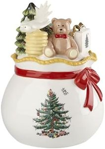 Spode Christmas Tree Candy Bowl with Lid, 8" Fine Earthenware Christmas Candy Storage Jar, Covered Candy Box Teddy Bear & Christmas Tree Motif Holiday Serveware - Great for Festive Decor & Gifting