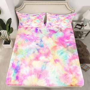 Erosebridal Kids Tie Dye Pink Fitted Sheet Batik Bedding Set for Children Boys Girl Women Watercolor Psychedelic Fitted Bed Sheets Ultra Soft Queen Size, with 2 Pillow Cases(No Top/Flat Sheet)
