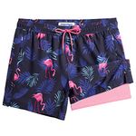 MaaMgic Mens Swim Trunks with Compression Liner 2 in 1 Swimming Shorts Stretch 5.5" Quick Dry Bathing Suits,Flamingo Leaves,Medium