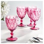 Vintage Wine Glasses Set of 4, Plastic Reusable 12 Ounce Colored Water Goblets, Unique Embossed Pattern Unbreakable Stemmed Wine Glasses, High Clear Wedding Party Bar Drinking Cups Pink