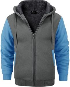 GEEK LIGHTING Men’s Fleece-Lined Zip Up Hoodie, Thick Hooded Jacket Winter Warm Athletic Sweatshirt, Dark grey/Light blue XL